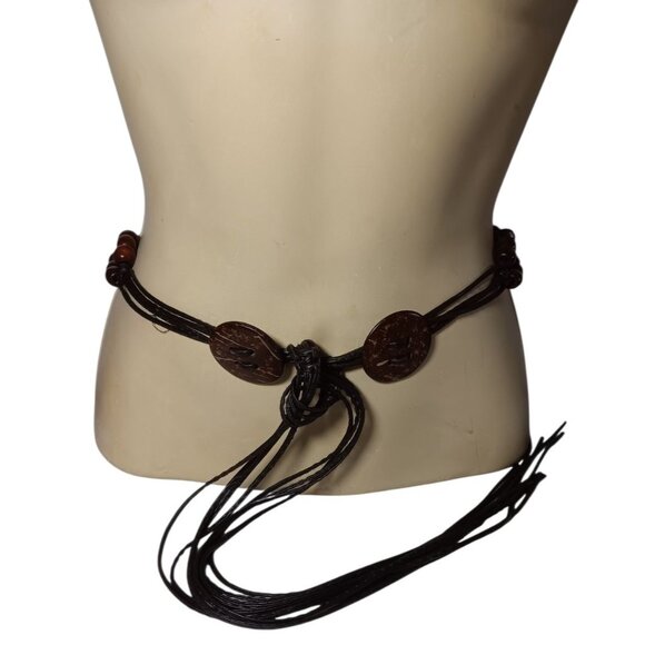Belt Tie On Hippie Boho Brown Beaded & Buttons Alternating Leather String 36\